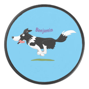 Funny Border Collie Hund läuft Cartoon Eishockey Puck