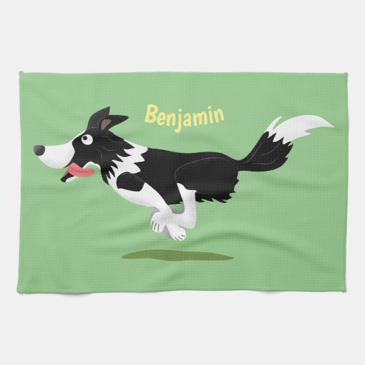 Funny Border Collie Hund läuft Cartoon Geschirrtuch (Horizontal)