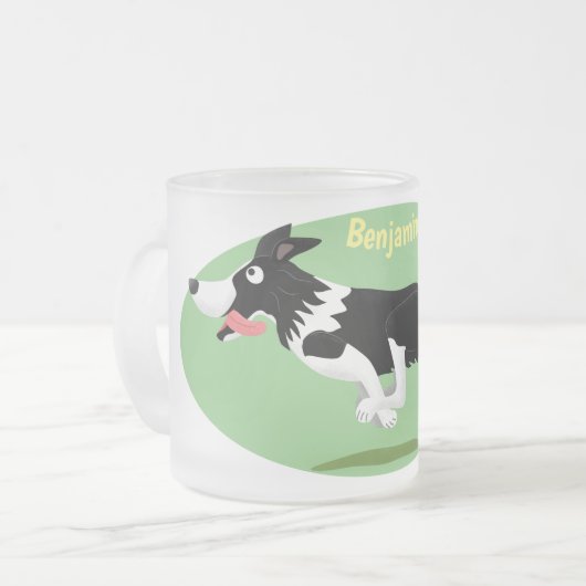 Funny Border Collie Hund läuft Cartoon Mattglastasse (Vorderseite Links)