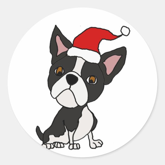 Funny Boston Terrier Dog in der Weihnachtsmannmütz Runder Aufkleber (Vorderseite)