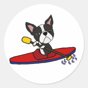 Funny Boston Terrier Dog Kayaking Cartoon Runder Aufkleber