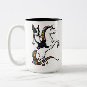 Funny Boston Terrier Dog Riding Unicorn Zweifarbige Tasse