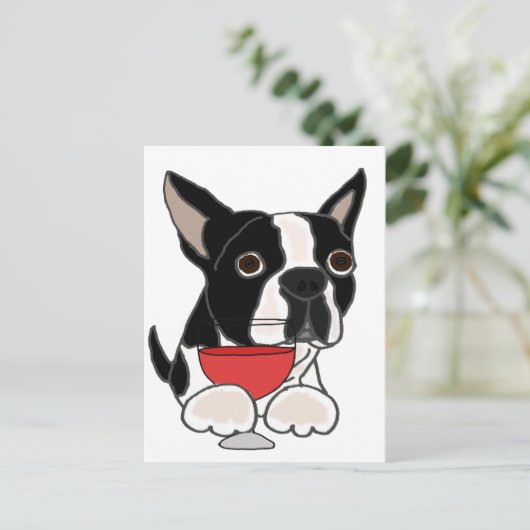 Funny Boston Terrier Dog Trinken Weinkultur und Er Postkarte (Stehend Vorderseite)