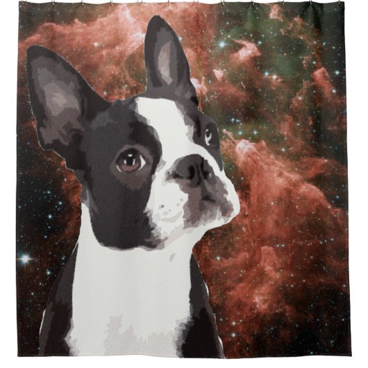 Funny Boston Terrier im Weltraumduschvorhang Duschvorhang (Vorderseite)