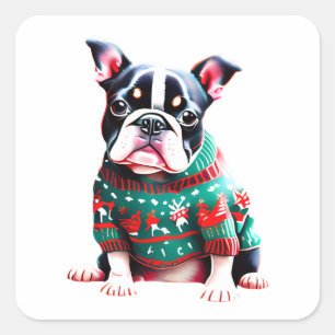 Funny Boston Terrier in Weihnachts-Sweater Quadratischer Aufkleber