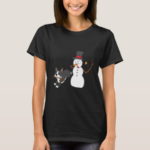 Funny Boston Terrier Snowman Stick Arm Weihnachten T-Shirt