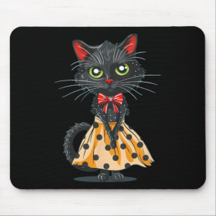 Funny Bow Cat in Polka Dot Dress Mousepad