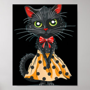 Funny Bow Cat in Polka Dot Dress Poster