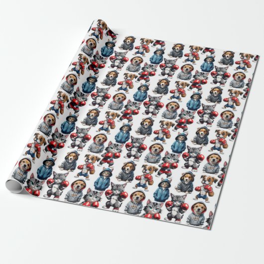 Funny Boxing Cat Dog Design Geschenkpapier (Ungerollt)