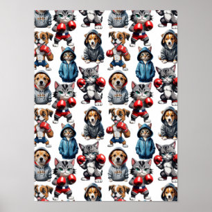 Funny Boxing Cat Dog Design Poster