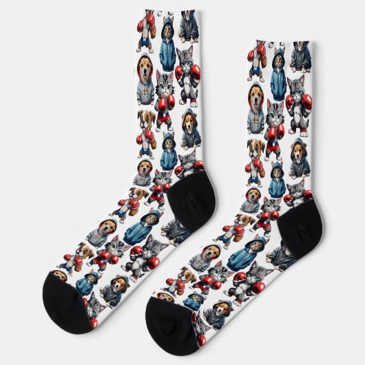 Funny Boxing Cat Dog Design Socken (Linkes Detail)