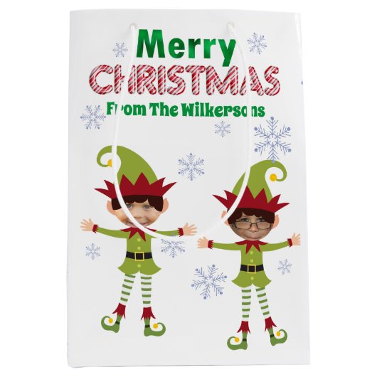 Funny Boy Elves Custom Kids Fotos Frohe Weihnachte Mittlere Geschenktüte (Vorderseite)