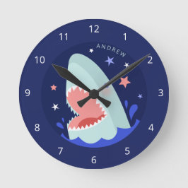 Funny Boy Shark Navy Blue Nautic Kids Name Sea Runde Wanduhr