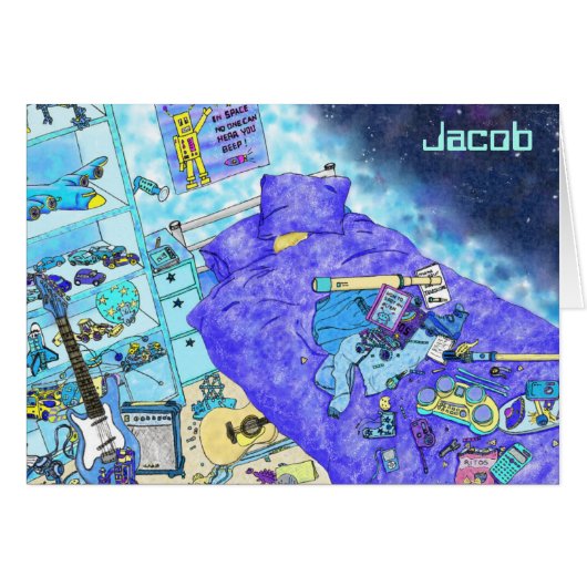 Funny Boys Messy Bedroom Blue Art Spaß Geburtstag (Vorderseite (Horizontal))