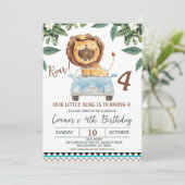 Funny Boys Roar Lion Crown King 4. Geburtstag Einladung (Stehend Vorderseite)