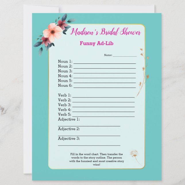 Funny Brautparty Game 🎉 Ad-Lib (Vorderseite)