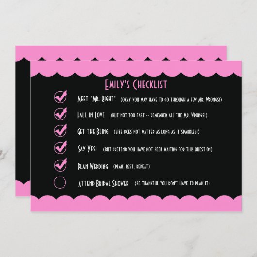 Funny Bridal Shower Einladung — Funny Checklist (Vorne/Hinten)