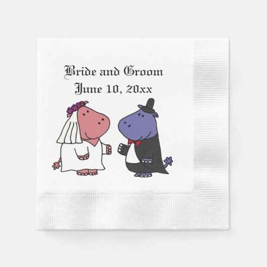 Funny Bride Groom Hippo Wedding Cartoon Serviette (Vorderseite)