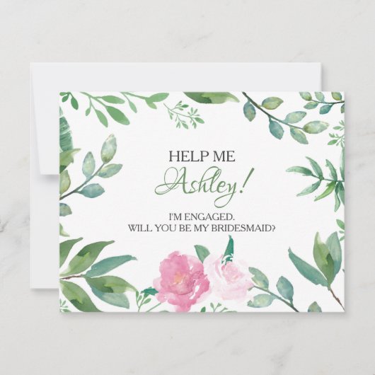 Funny BRIDESMAID PROPOSAL card, Greenery Pink Rose Einladung (Vorderseite)