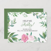 Funny BRIDESMAID PROPOSAL card, Greenery Pink Rose Einladung (Vorne/Hinten)