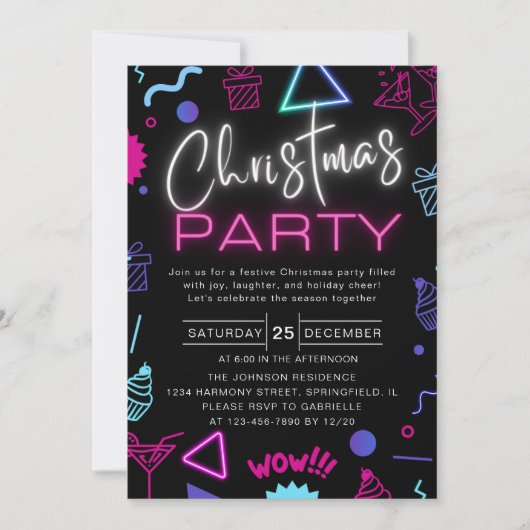 Funny Bright Neon Black Playful Weihnachts-Party Einladung (Vorderseite)