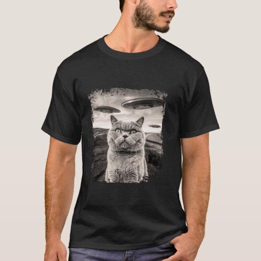 Funny British Shorthair Cat Selfie mit Alien UFOs T-Shirt (Vorderseite)