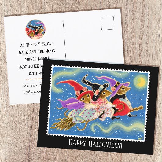 Funny Broomstick Mäuse Hexenmäuse Halloween Spaß Postkarte