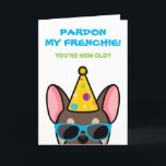 Funny Brown Tan French Bulldog Frenchie Birthday C Karte<br><div class="desc">Wenn Sie jemanden kennen, der französische Bullhunde Lieben hat und einen guten Spaß hat, ist diese lustige Geburtstagskarte ideal, um sie an ihrem besonderen Tag zu schicken. Das Design zeigt eine Cartoon-Stil-Abbildung eines braunen und blassfarbenen französischen Bulldoggen mit einem Party Hut und Sonnenbrille mit der Formulierung "Verzeihen Sie meine Franzose!...</div>