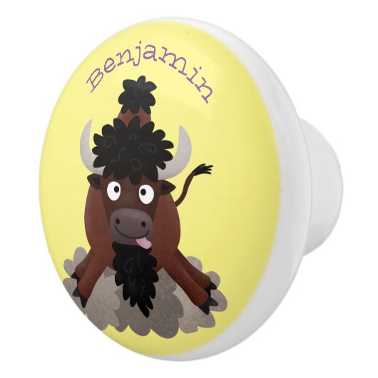 Funny Büffel Bison Cartoon Illustration Keramikknauf (Rechts)
