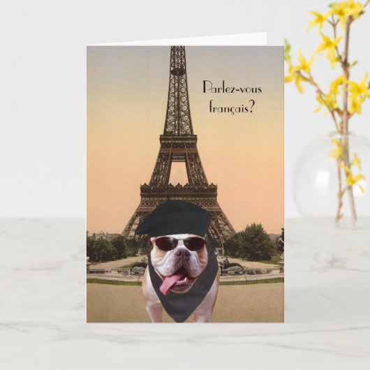 Funny Bull Dog French Birthday Karte (Gelbe Blume)