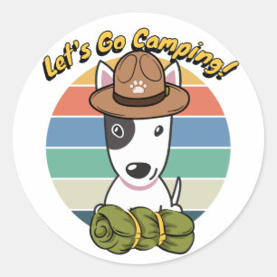 Funny Bull Terrier Hund will Camping zu gehen Runder Aufkleber