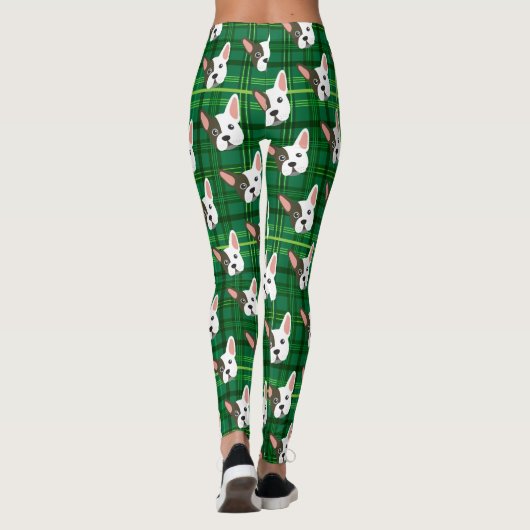 Funny Bulldog Green Kariert Trendy Niedlich Dog Leggings (Rückseite)