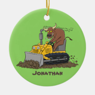 Funny Bulldozer Driving Cartoon Keramik Ornament