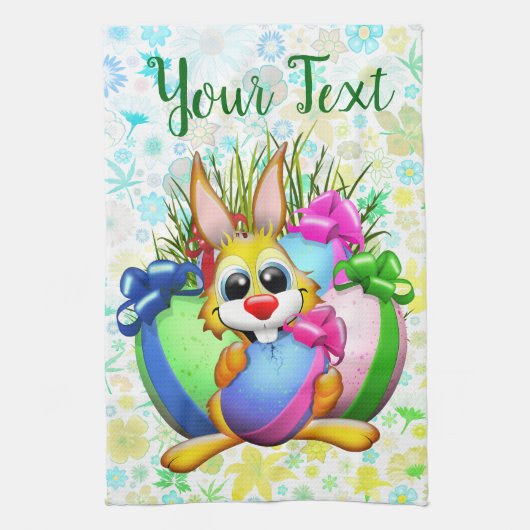 Funny Bunny biting an Easter Egg Geschirrtuch (Vertikal)