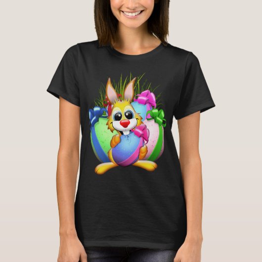 Funny Bunny biting an Easter Egg T-Shirt (Vorderseite)