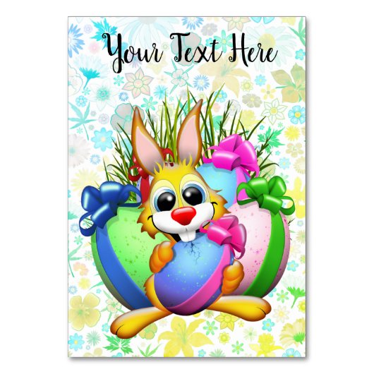 Funny Bunny biting an Easter Egg Tischnummer (Vorderseite)