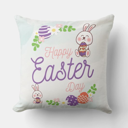 Funny Bunny Happy Ostertag Throw Kissen (Vorderseite)