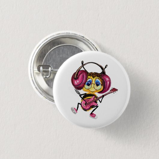 Funny Button mit Guitar Player Bee (Vorne & Hinten)