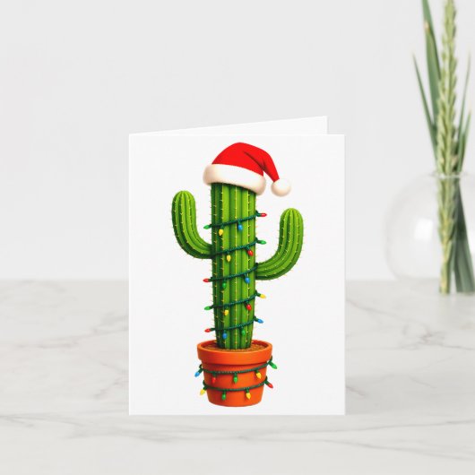 Funny Cactus Santa Hat Xmas Tree Lights Merry Chri Karte (Vorderseite)