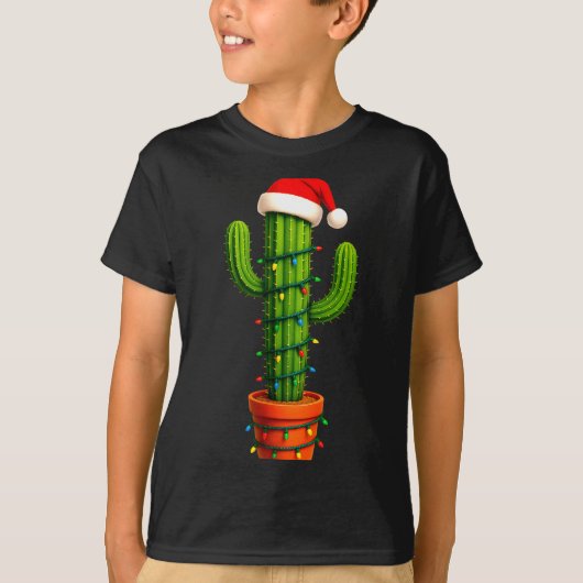 Funny Cactus Santa Hat Xmas Tree Lights Merry Chri T-Shirt (Vorderseite)