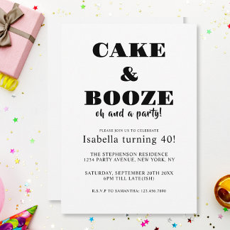 Funny Cake & Booze Geburtstagsparty Black and Whit Einladung