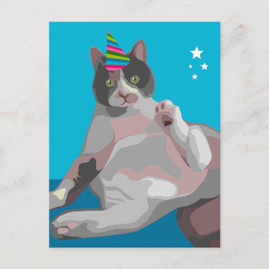 Funny Calico Cat in Birthday Party Hat Einladungspostkarte (Vorderseite)