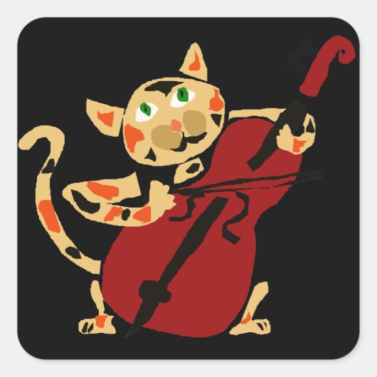 Funny Calico Cat Spielen Cello Art Cartoon Quadratischer Aufkleber (Vorderseite)