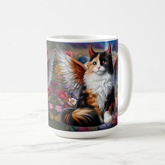 Funny Calico Demon und Angel Cat Kaffeetasse (VorderseiteRechts)