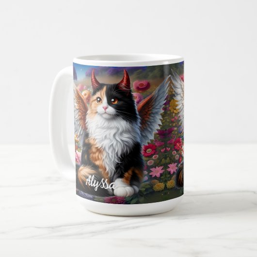 Funny Calico Demon und Angel Cat Kaffeetasse (Vorderseite Links)