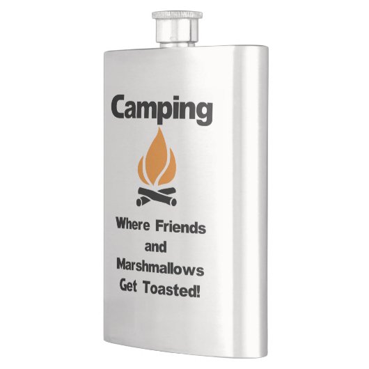 Funny Camping Sprichwort mit Marshmallows und Freu Flachmann (Links)