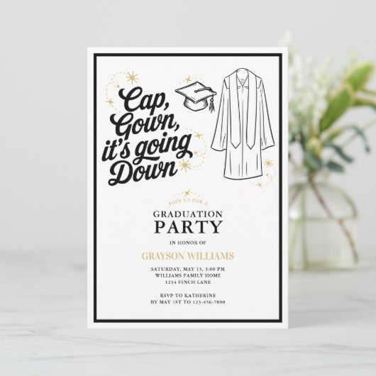 Funny Cap Gown Es geht zur Abitur Party Einladung (Stehend Vorderseite)