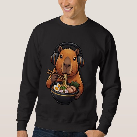 Funny Capybara Eating Ramen Noodles with Headphone Sweatshirt (Vorderseite)