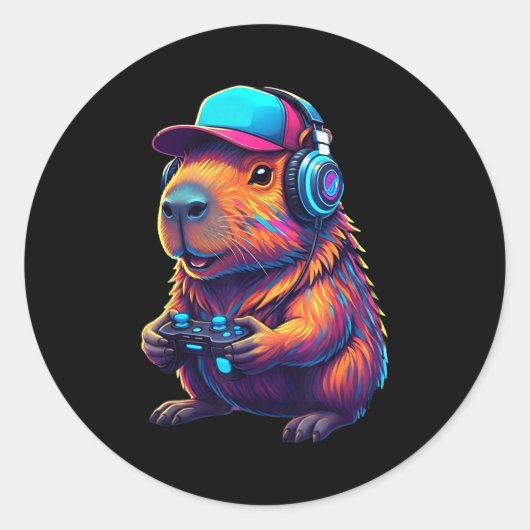 Funny Capybara Gamer Gaming Video Games Capybara Runder Aufkleber (Vorderseite)