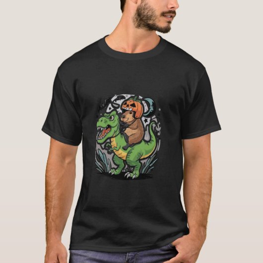 Funny Capybara Riding Dinosaur T Rex Halloween T-Shirt (Vorderseite)